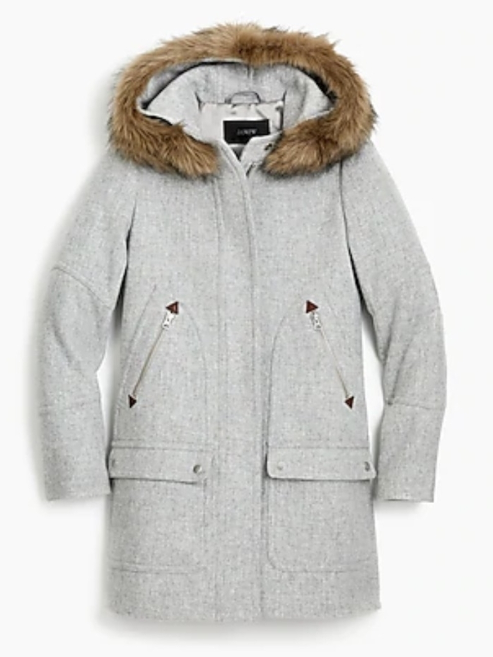 J. Crew Light Gray Wool-Blend Hooded Parka with Faux-Fur Trim